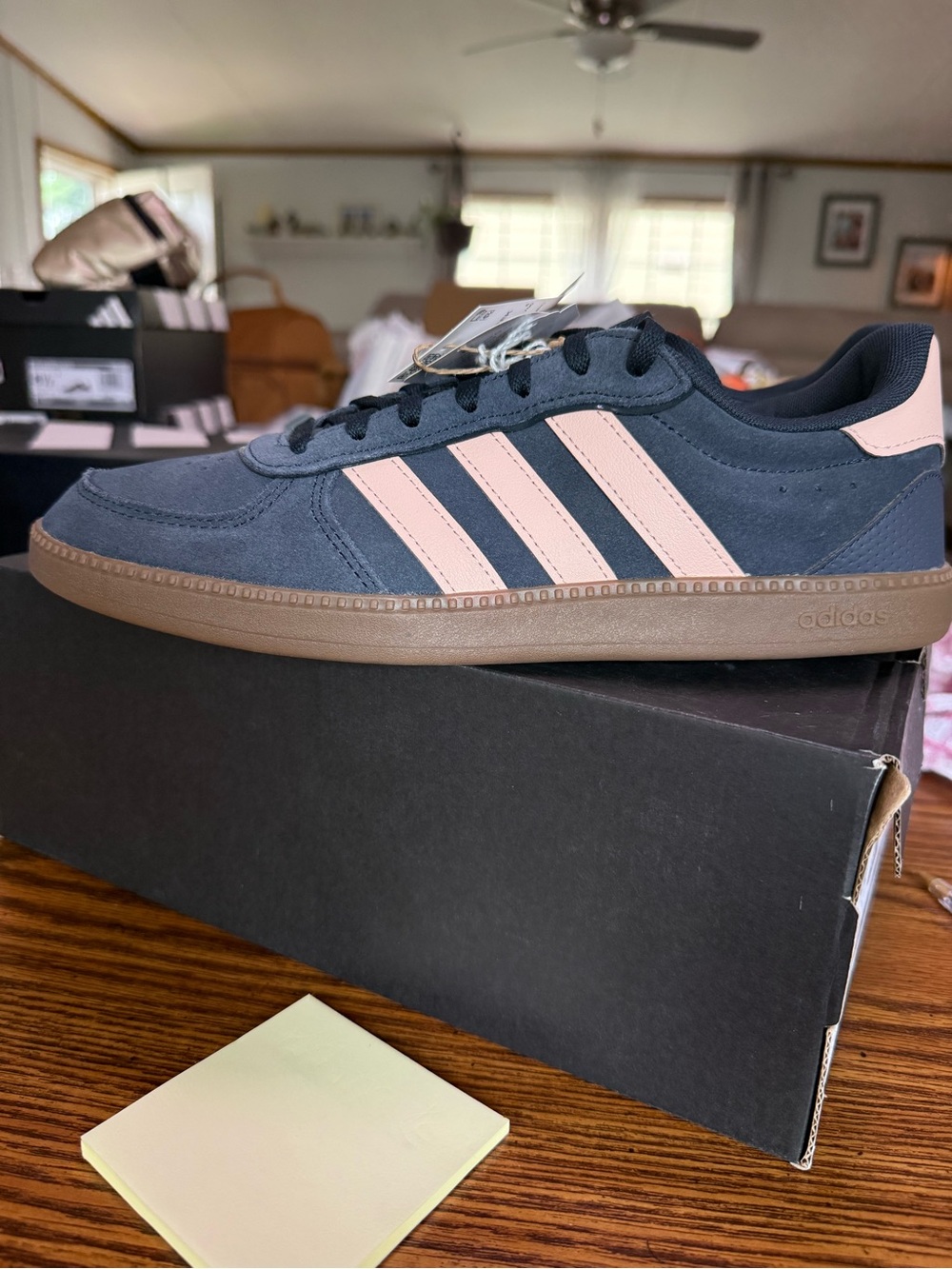 adidas Womans  Breaknet Sleek Navy Suede Sneakers with Pink Stripes Super Cute